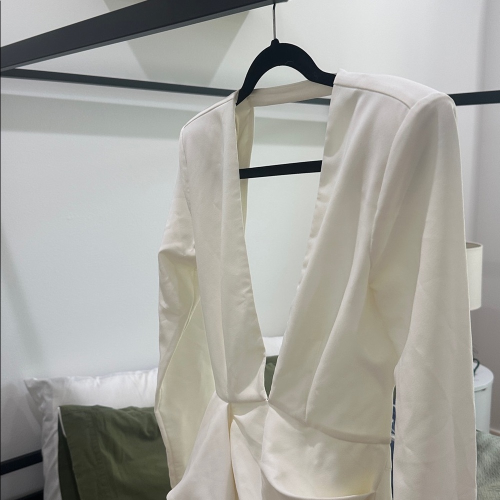 REVOLVE ivory long sleeve plunging neckline, ruffled skirt, backless mini dress - Picture 6 of 9